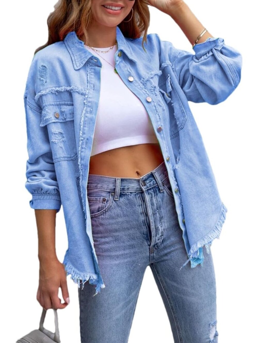 Women's Blue Ripped Distressed Denim Jacket Oversized Basic Casual Jean Jacket